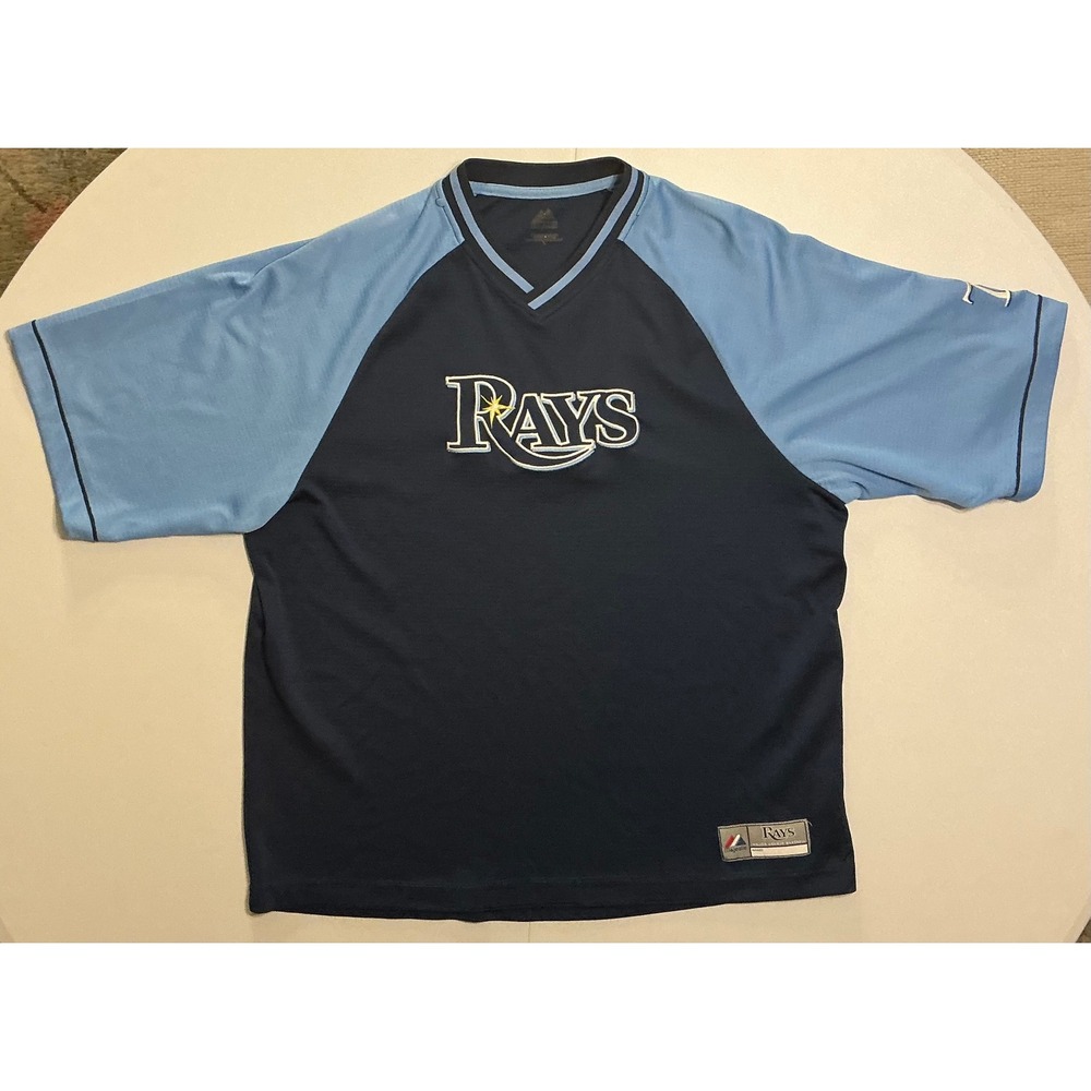 Y2K‎ VTG Majestic Tampa Bay Rays MLB Jersey Color Block Blue V-Neck Top  Mens L